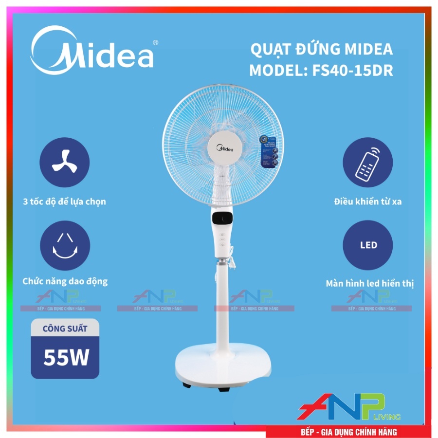 Quạt Đứng 5 Cánh Midea FS40-15DR (DC inverter 55W - Màn hình LED - Có Điều Khiển Từ Xa) - Hàng Chính Hãng