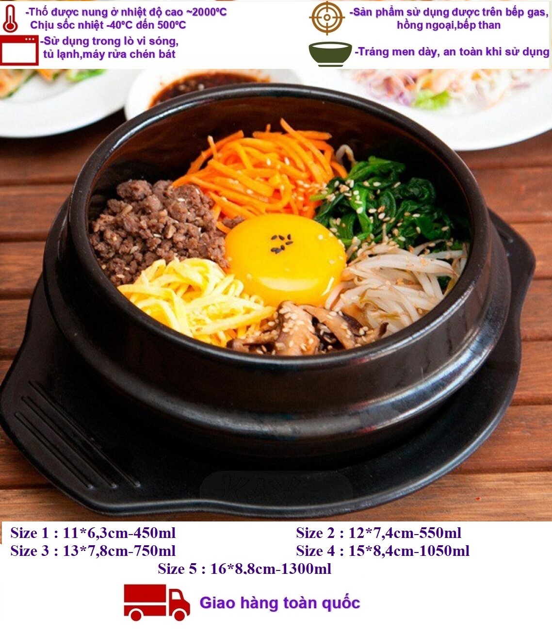 Thố đất nâu tráng men làm cơm trộn Bibimbap ,súp,lẩu kim chi,mì cay ,cháo gà kiểu Hàn Quốc nhiều Size