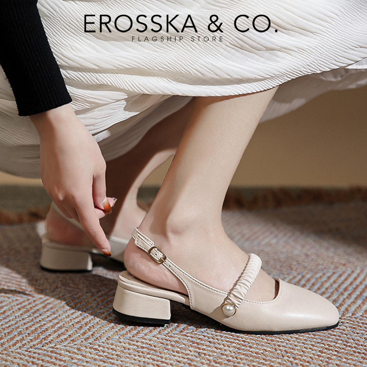 Giày cao gót Erosska quai ngang nhún ngọc cài hậu cao 3cm _ EL024