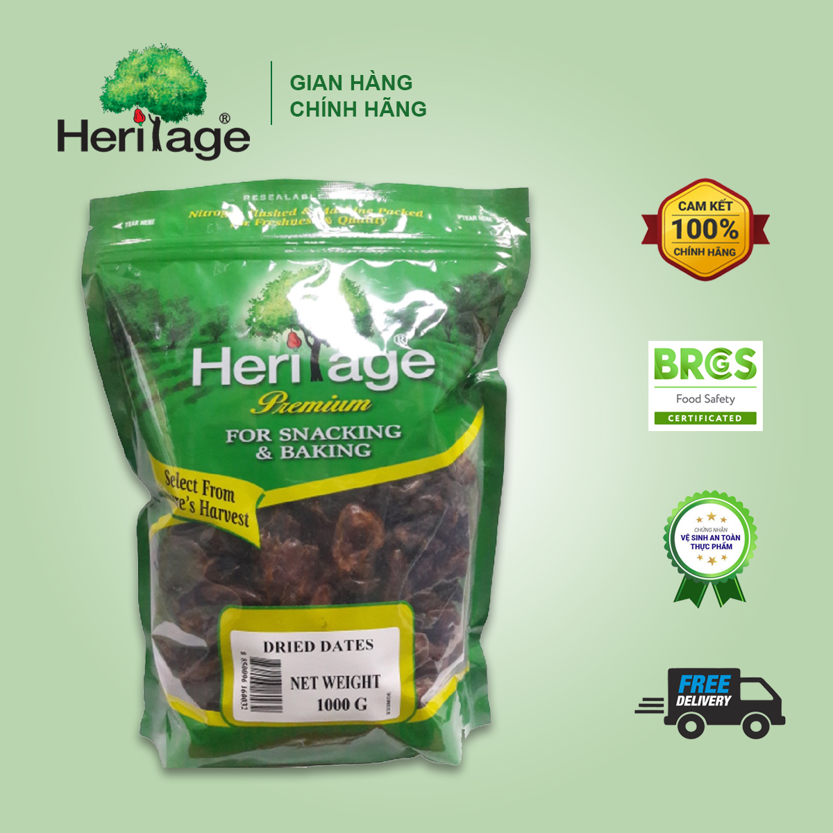 Quả chà là khô không hạt nguyên liệu trung đông, sản phẩm của tập đoàn Heritage Thái Lan gói 1kg - Dried Date