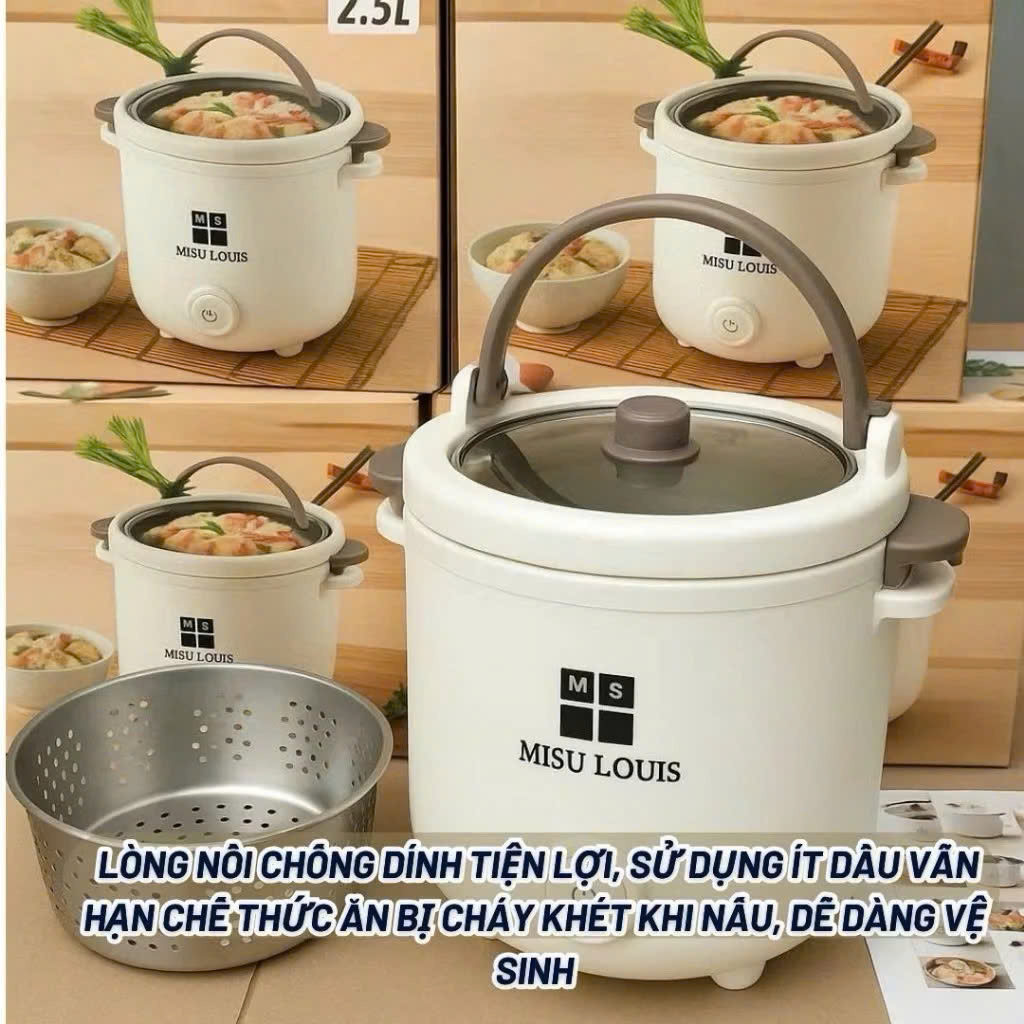 Nồi Lẩu Điện Mini Đa Năng 2.5L MISU LOUIS - Nồi Nấu Mì, Hấp, Chiên, Lẩu Mini Có Xửng Hấp 600W - HÀNG CHÍNH HÃNG MINIIN