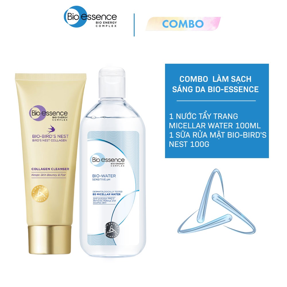 Combo làm sạch - sáng da Bio-essence  (Nước tẩy trang Bio-Water Micellar Water 100ml + Sữa rửa mặt dưỡng da Bio-Bird's Nest Collagen Cleanser 100g)
