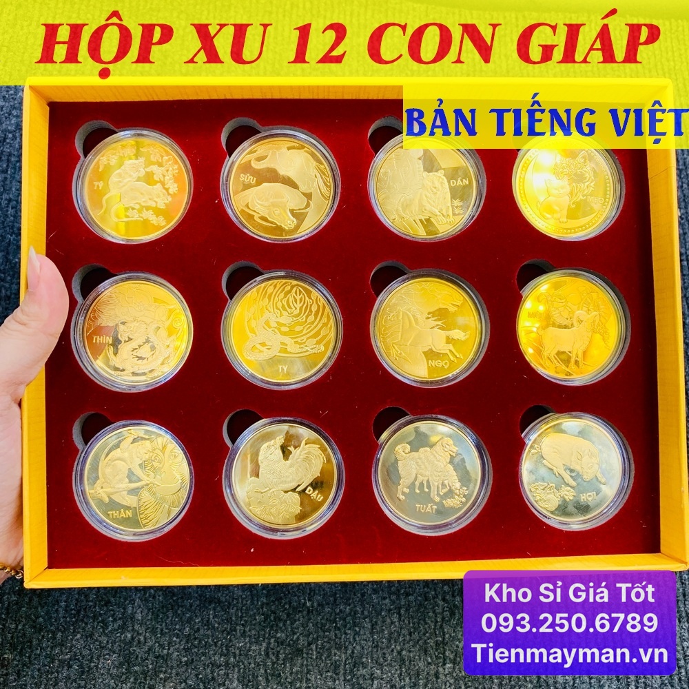 Bộ Đồng Xu 12 Con Giáp Mạ Vàng - Kèm Hộp Đỏ Sang Trọng Phong Thuỷ May Mắn