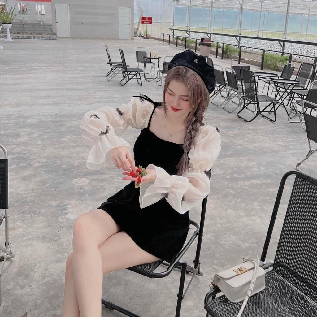 Đầm xoè nhung tay dài đính nơ