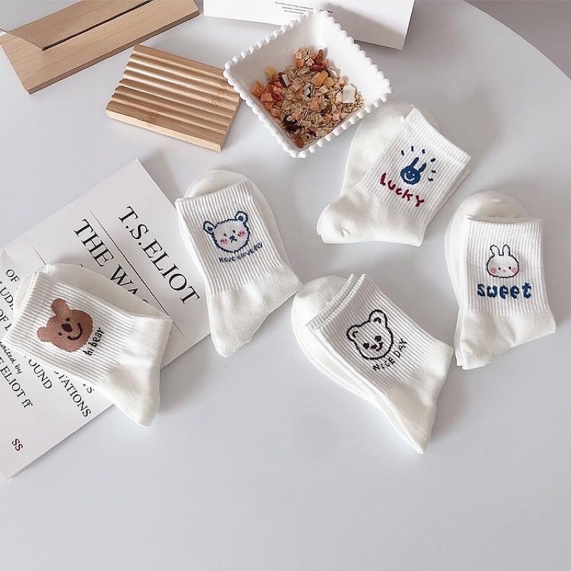 Tất cổ cao Bivota Vớ tất cổ cao nữ trắng họa tiết hình thú xinh xắn vải cotton co giãn thời trang Hàn Quốc
