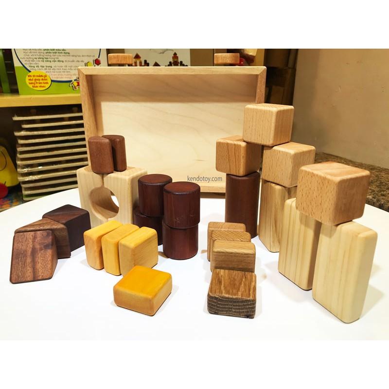 Bộ xếp khối gỗ 28 chi tiết trên xe gỗ vườn tự nhiên cao cấp, đồ chơi gỗ xếp hình sáng tạo mầm non an toàn