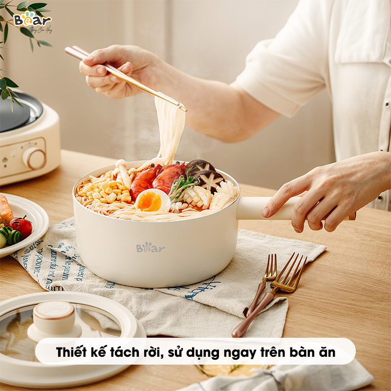 Bộ Bếp Điện Đơn Kèm Nồi Đa Năng 2.5L Bear Có Xửng Hấp, Nấu Lẩu Mini Siêu Chống Dính Đế Rời Sôi Cực Nhanh SB- NL25L - Hàng Chính Hãng