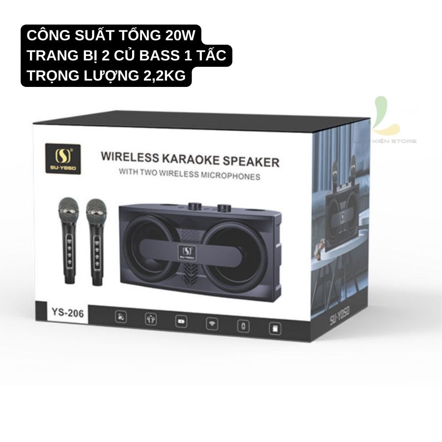 Loa bluetooth karaoke Su-Yosd YS206 - Loa xách tay mini YS-206 chất liệu nhựa ABS cao cấp, công suất 20W kèm 2 micro không dây - Hàng nhập khẩu