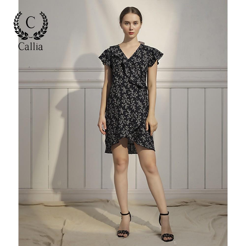 Đầm suông vạt chéo nữ Callia Cinda cổ V tay ngắn (Xanh đen)