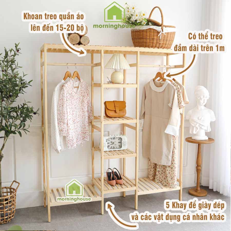 KỆ TREO QUẦN ÁO GỖ THÔNG LẮP RÁP TIỆN LỢI -TRIPLE HANGER- Dài 135 x Cao 150 x Rộng 35 cm