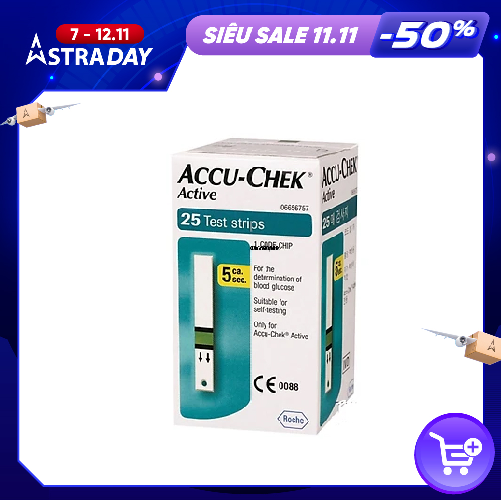 Hộp 25 que thử đường huyết Accu-Chek Active, NK chính ngạch, tem niêm phong, nhãn phụ tiếng việt