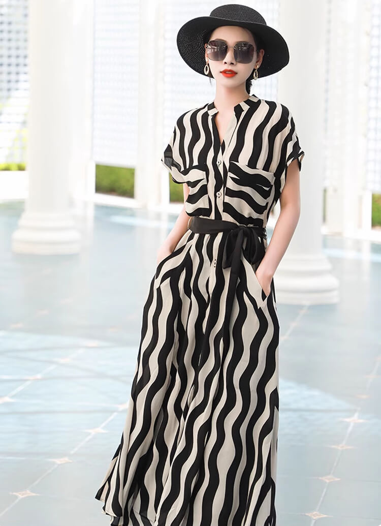 Đầm sơ mi gợn sóng cột eo