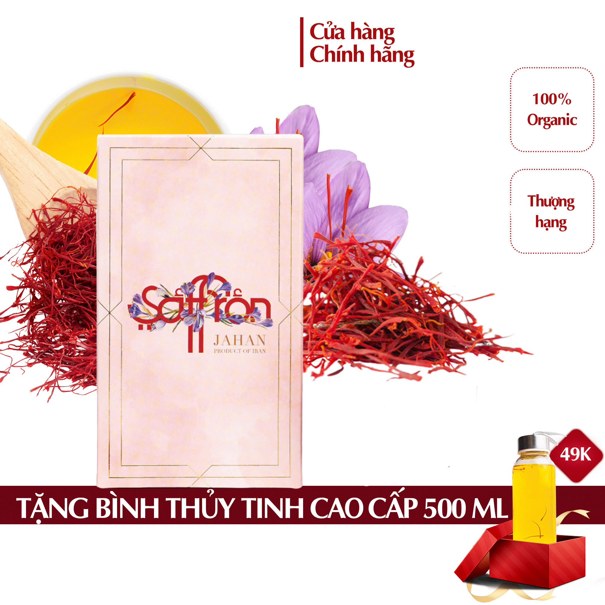 Nhụy Hoa Nghệ Tây Saffron Jahan 1Gr/hộp tặng lọ thủy tinh 300ml