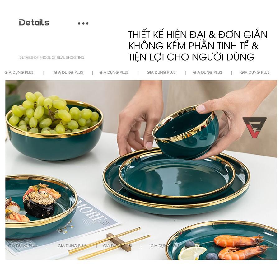 Bộ Chén Bát Đĩa Xanh Ngọc Lục Bảo Viền Vàng Phong Cách Bắc Âu Sang Trọng