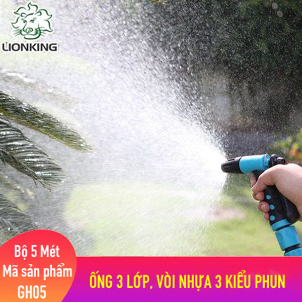 Combo bộ vòi rửa xe tăng áp, vòi tưới cây 5 mét LionKing GH05. Ống dài 5 mét kết cấu 3 lớp chống gập, chống xoắn trong quá trình sử dụng. Vòi phun và các khớp nối bằng chất liệu nhựa cao cấp. Bộ sản phẩm phù hợp cho việc tưới cây,  rửa xe và vệ sinh nhà c