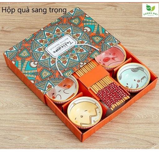 Bộ 6 bát ăn bằng gốm và 6 đôi đũa bằng gỗ