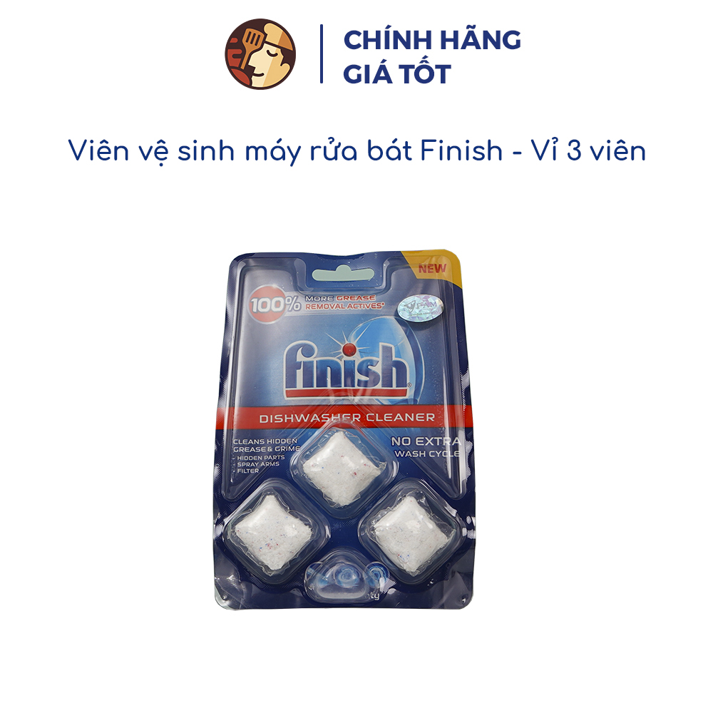 Viên vệ sinh máy rửa chén bát Finish chính hãng, vỉ 3 viên, loại bỏ cặn bẩn, hương thơm dễ chịu