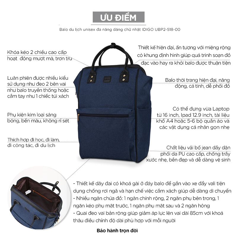Balo du lịch unisex đa năng dáng chữ nhật IDIGO UBP2-518-00