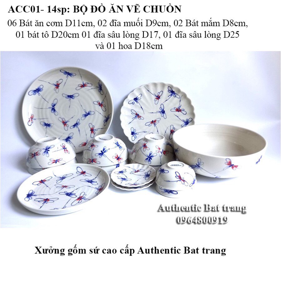 Bộ đồ ăn bát, đĩa gốm sứ cao cấp vẽ tay thủ công họa tiết chuồn chuồn siêu đẹp và sang trọng-gốm sứ authentic bat tràng