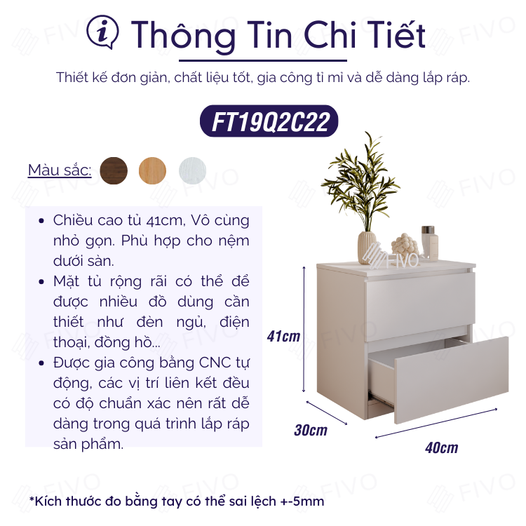 Tủ Đầu Giường Gỗ FIVO FT19 Có Ray Trượt Cao Cấp, Tay Cầm Thiết Kế Thẩm Mỹ - 2 Hộc Tủ