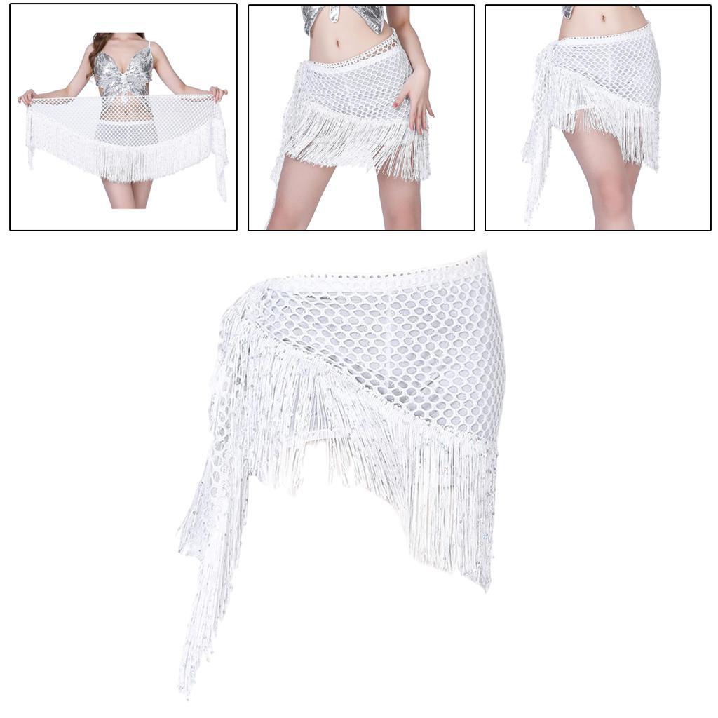 Sequins Belly Dance Hip  Tassel Mesh  Dancewear White