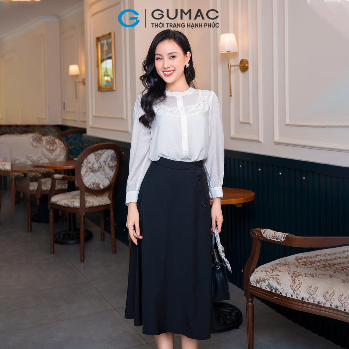 Áo kiểu phối đô vải tơ mềm mát công sở đi tiệc sang trọng thời trang GUMAC AD09052