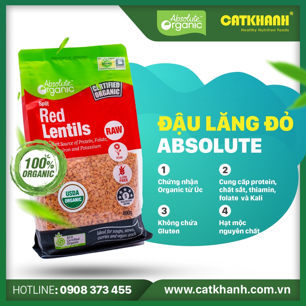 Đậu lăng đỏ Úc Red Lentils Absolute Organic túi 400g