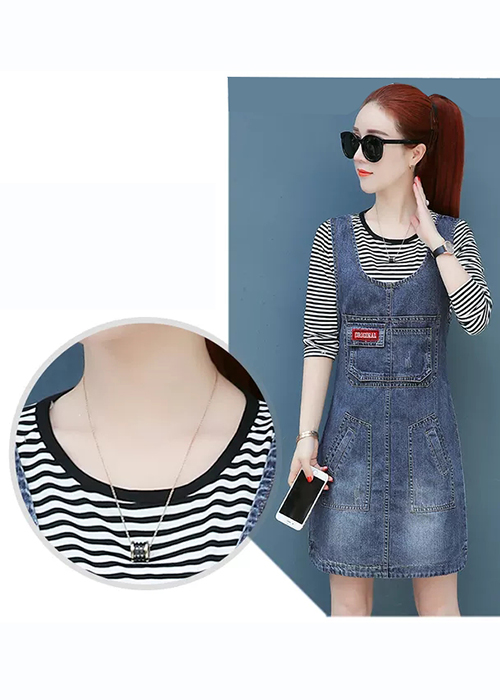 Đầm Yếm Jean Nữ Thêu Logo Thời Trang