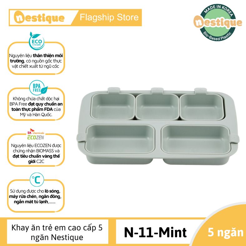 Khay ăn trẻ em cao cấp 5 ngăn hiệu Nestique N-11-Màu Xanh