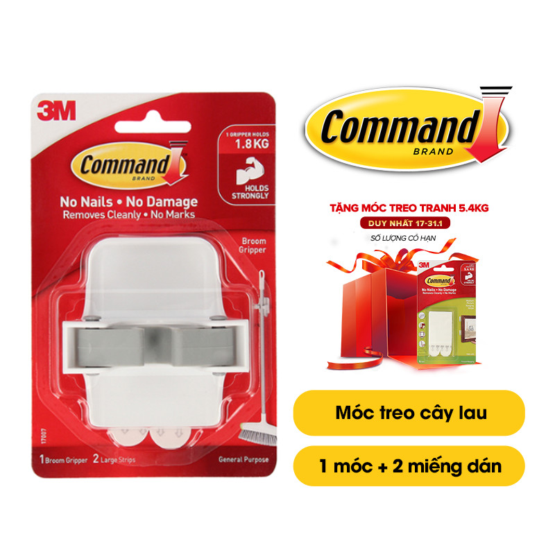 Móc dán tường treo chổi, cây lau nhà Command 3M chịu lực 1.8kg - Dễ sử dụng, độ bền cao, bám cực chắc, tháo cực dễ 17007