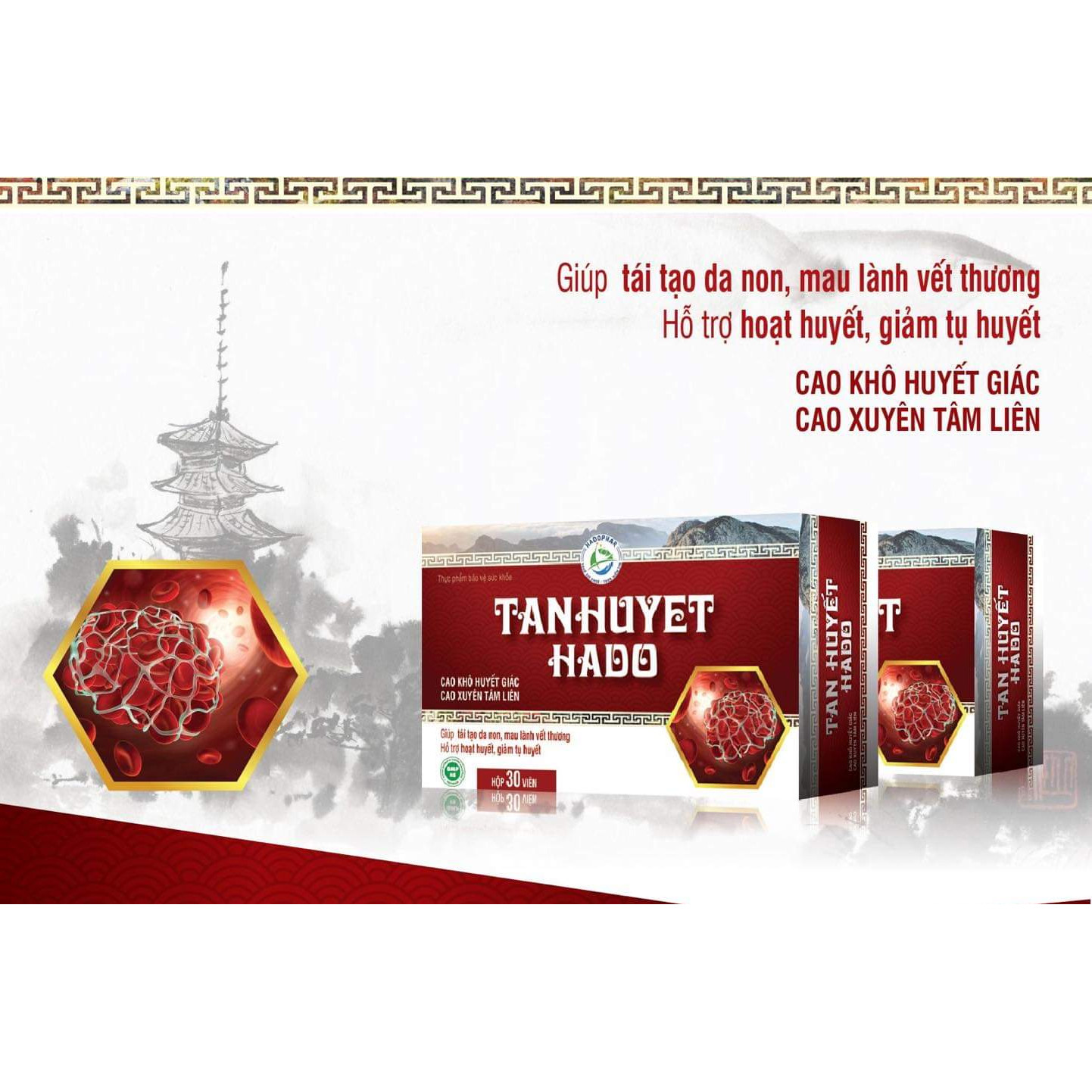 Tan Huyet Hado Chuyên Dùng Trong Spa – Giúp Làm Tan Vết Bầm Tím – Mau Lành Vết Thương - Huyết Giác - Hộp 30 Viên