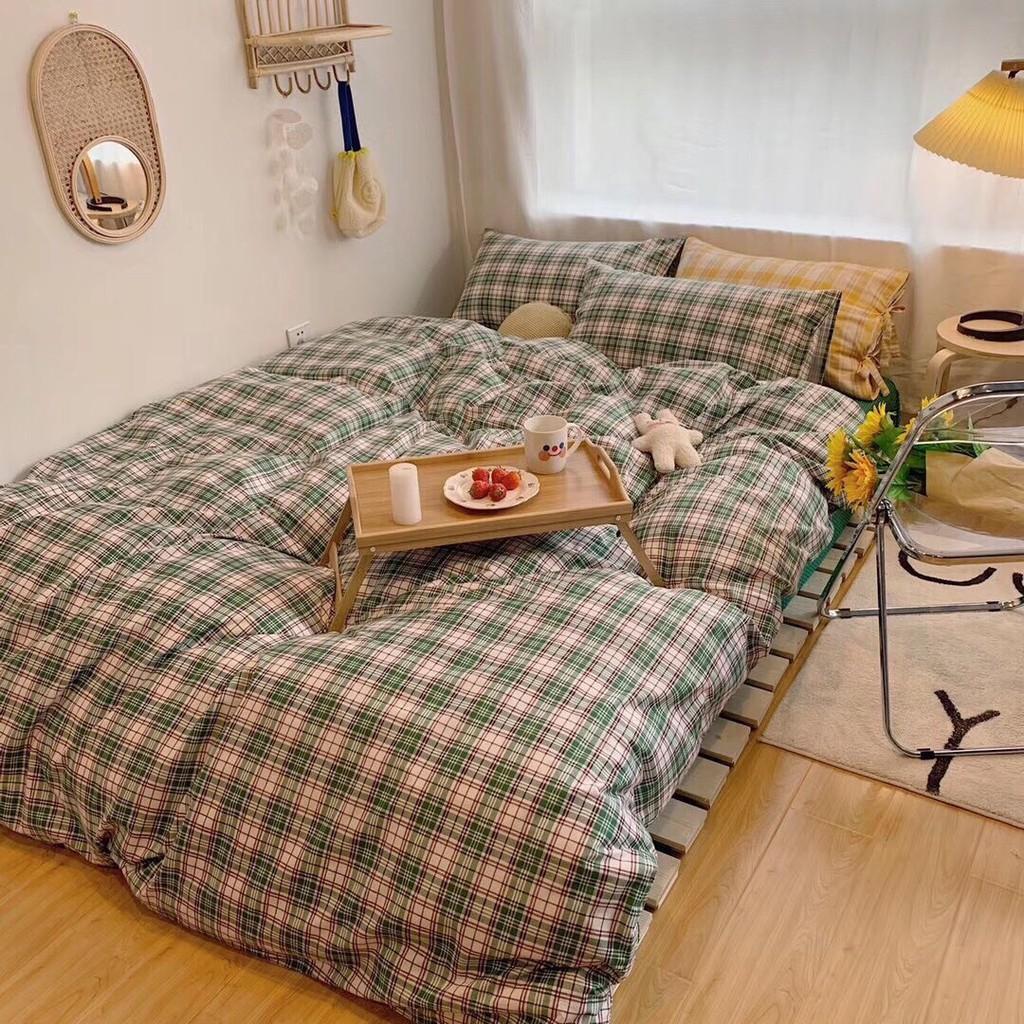 Bộ chăn ga Cotton Poly M2T BEDDIND phong cách Hàn Quốc - PL kẻ xanh lá