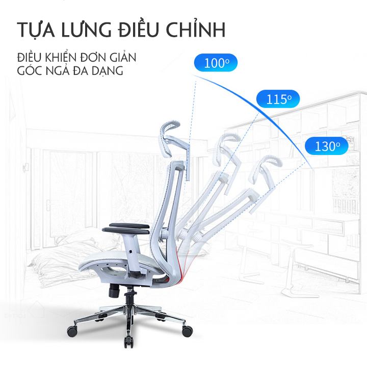Ghế xoay văn phòng đệm cao su non thiết kế công thái học, đệm cao su non, bảo vệ lưng,tựa lưng và đầu điều chỉnh,lưới thoáng