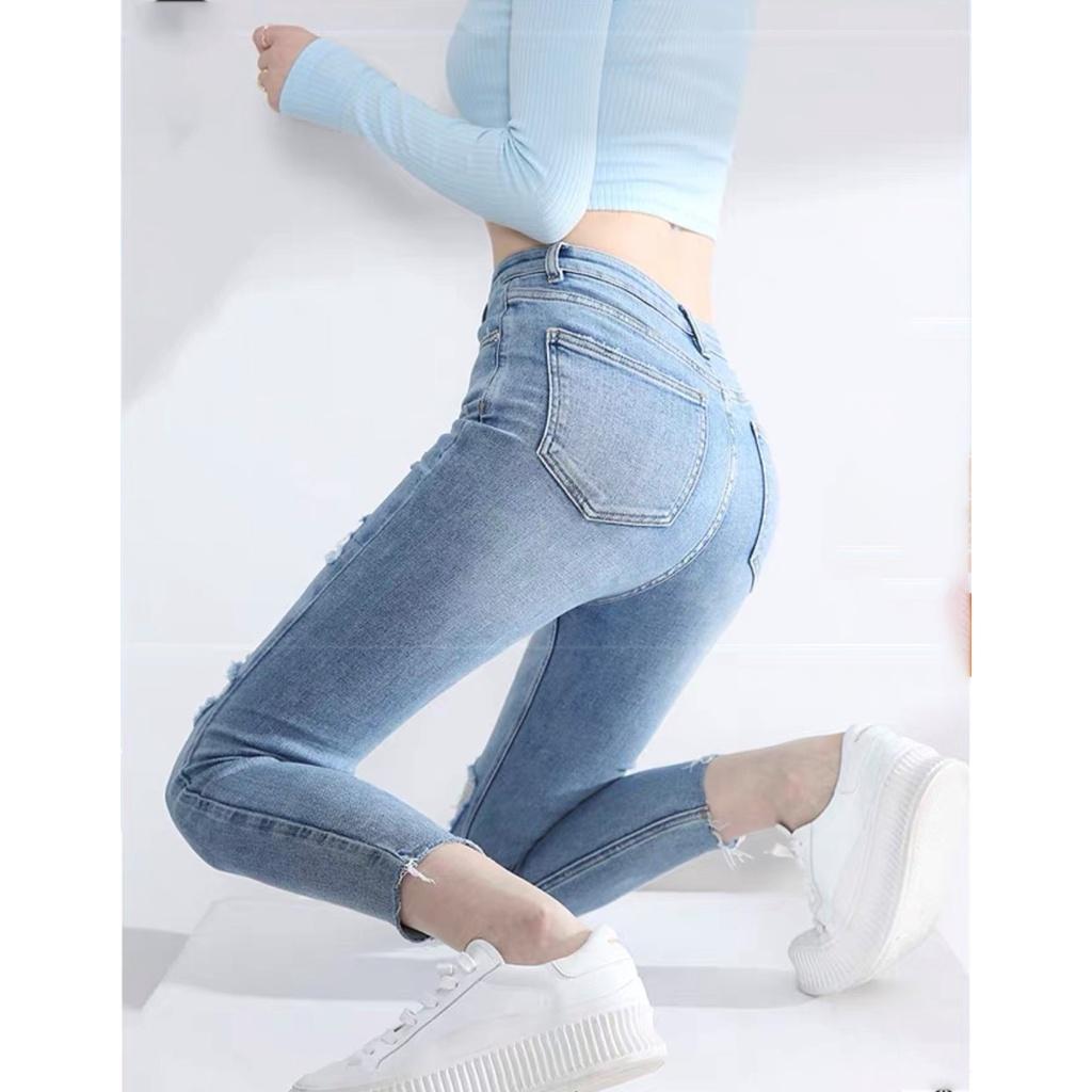 Quần jean nữ Big Size 9 tấc rách xanh nhạt rách nhiều dành cho người béo 4330 MLJ