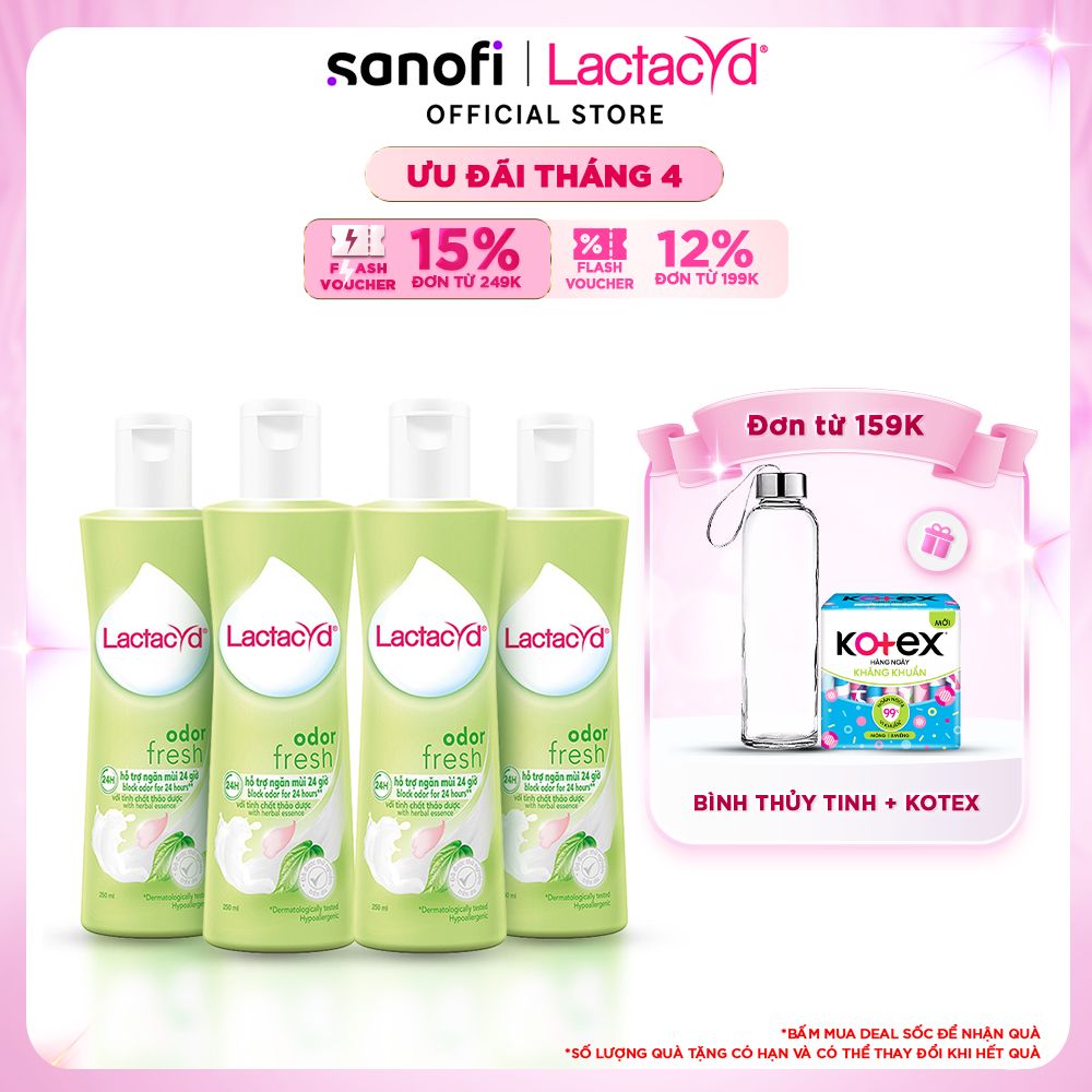 Bộ 4 chai Dung Dịch Vệ Sinh Phụ Nữ Lactacyd Odor Fresh Ngăn Mùi 24H 250ml/chai