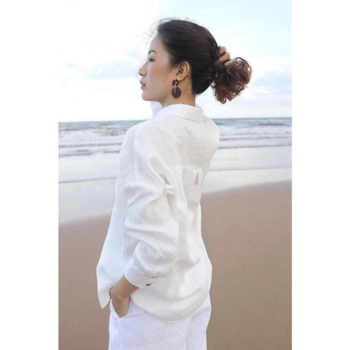 Set bộ áo sơ mi dài tay Linen Tưng Premium kèm quần ống rộng trẻ trung (Áo trắng + Quần trắng)