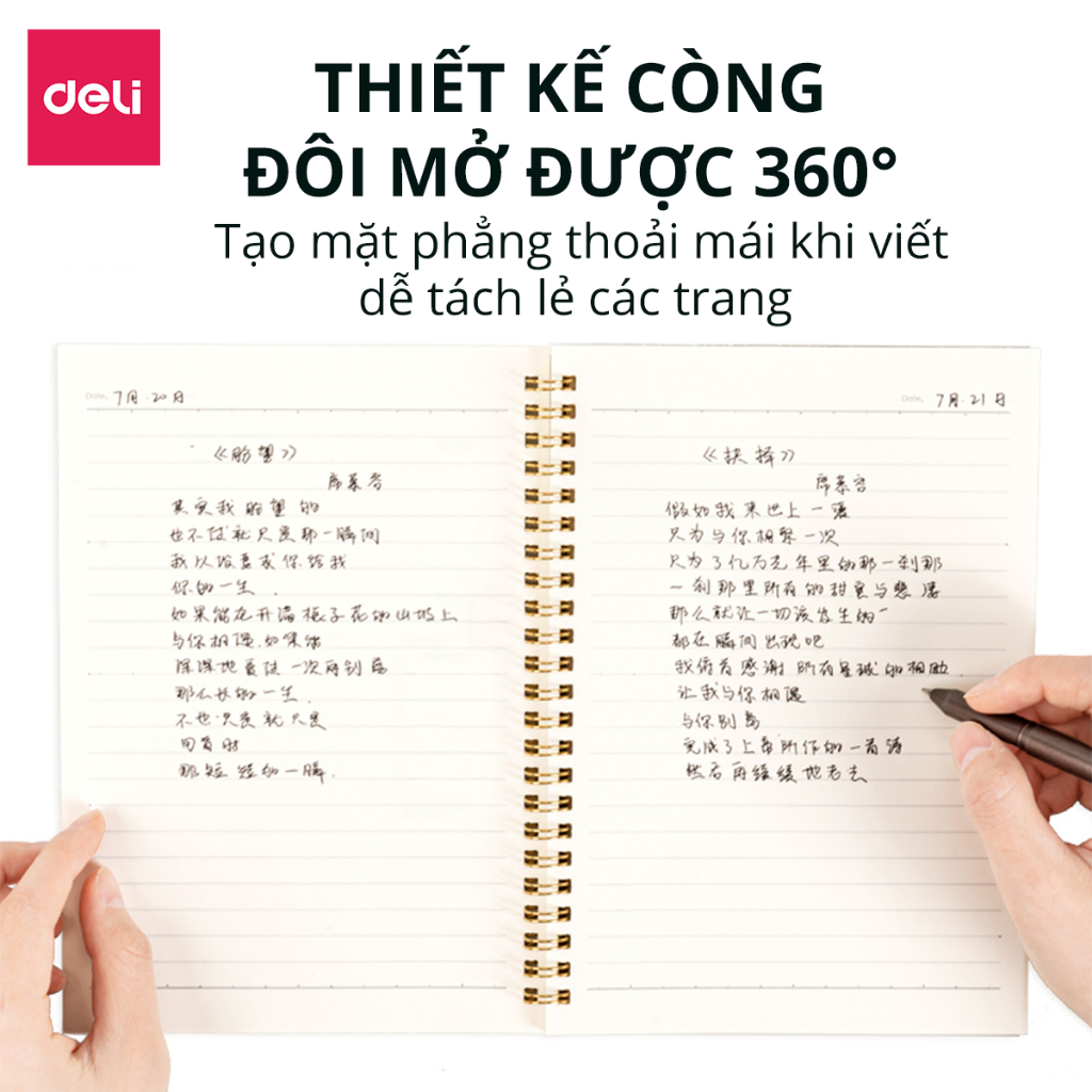 Sổ Lò Xo Kép A5 Deli - Sổ Gáy Xoắn 120 Trang Giấy Kẻ Ngang Chống Lóa - Sổ Tay Tập Vở Học Sinh Ghi Bài Takenote Planner