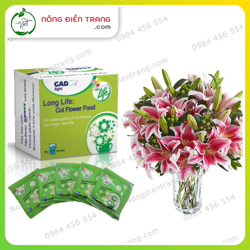 Bột Pha Nước Cắm Hoa Tươi Lâu Long Life (Hộp 10 Gói) - Bột Dưỡng Hoa Gadot Israel Hoa Lâu Tàn Nở Bông To Không Hôi Nước - VTNN Nông Điền Trang