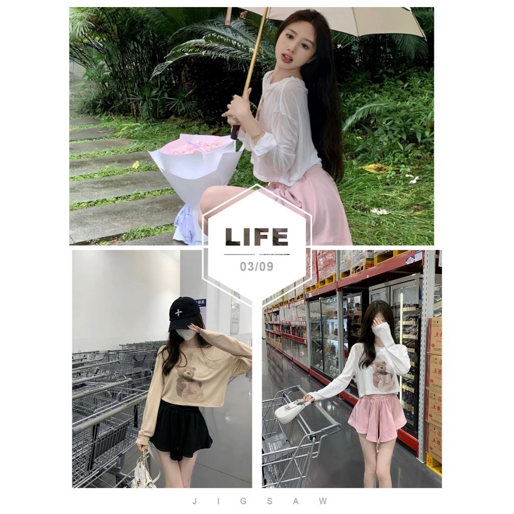 Set Bộ Áo Thun Dài Tay Hình Gấu Kèm Quần Váy Xòe 2 Lớp Dáng Thụng 2 Màu Siêu Xinh
