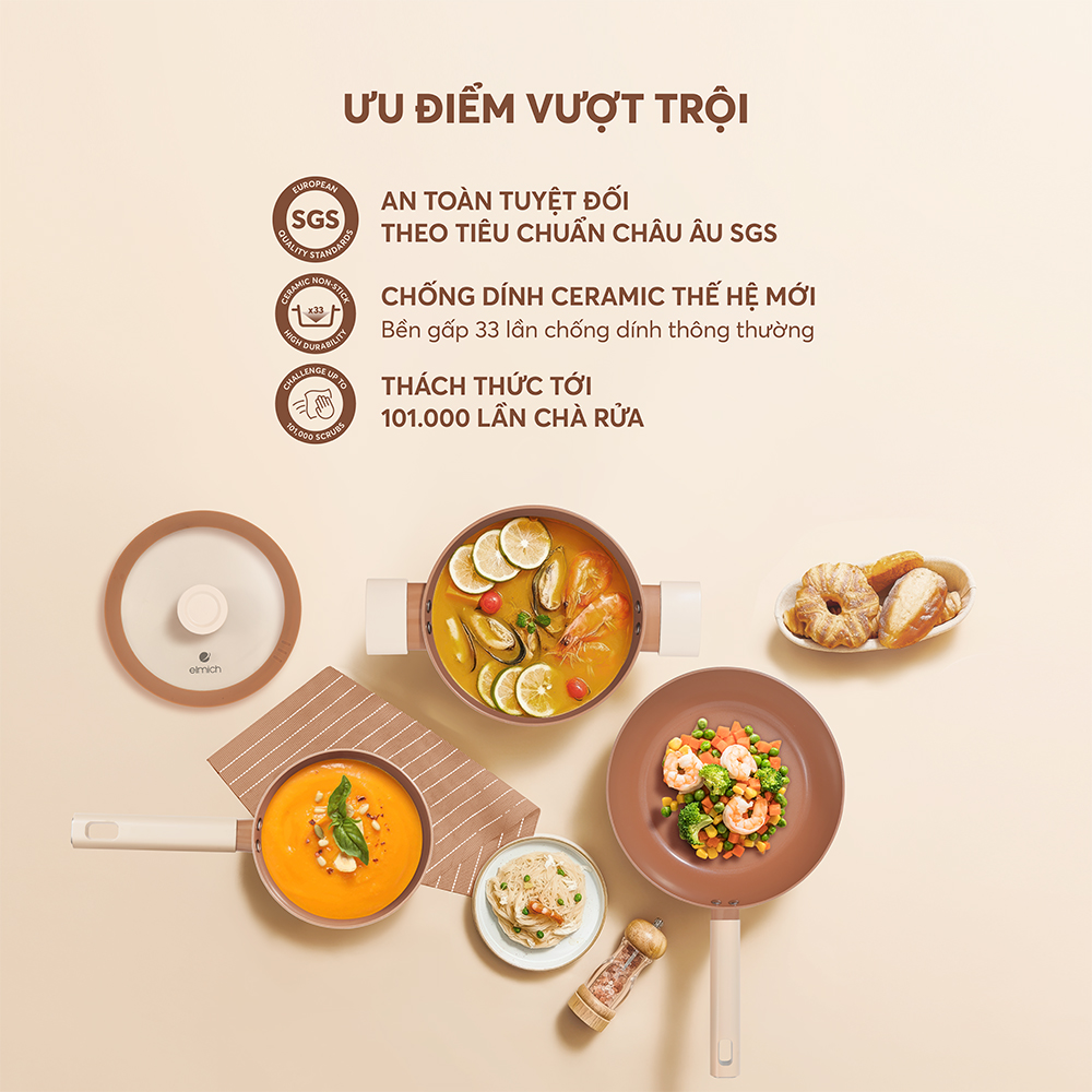 Chảo Chống Dính Ceramic Elmich Mocha EL5982MC Size 20,24,26,28cm, Hàng Chính Hãng - JoyMall