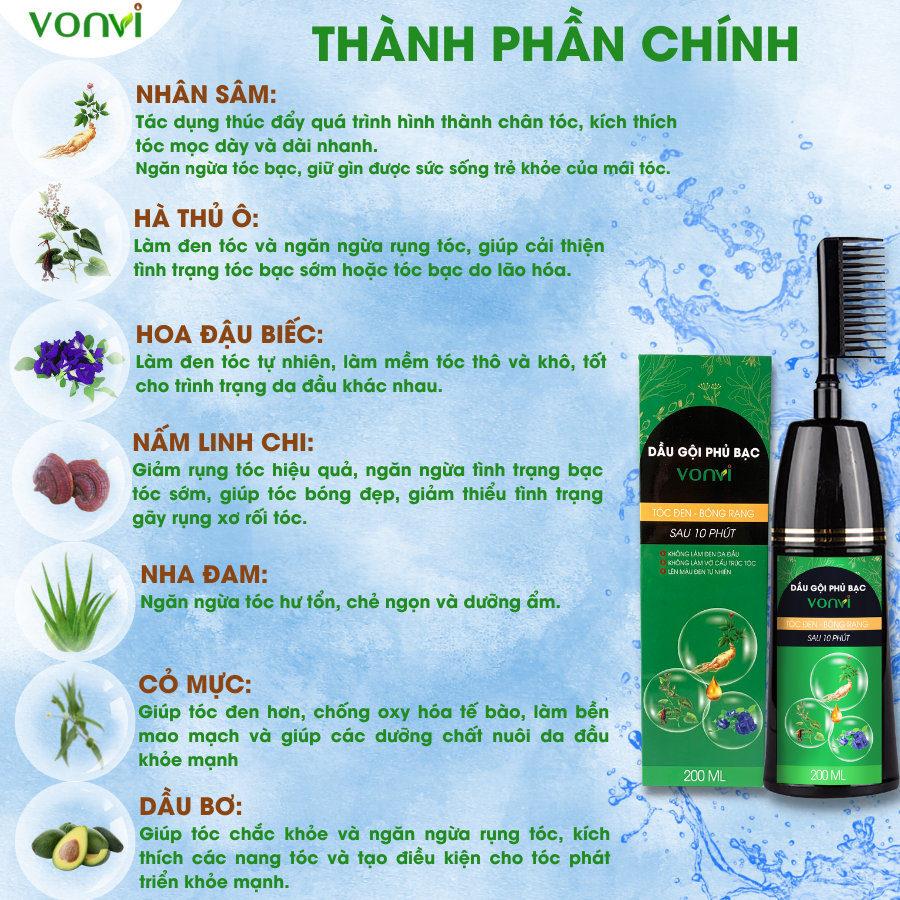 Nhuộm phủ bạc VONVI không xót, không phai, không làm đen da đầu, lên màu đen tự nhiên sau 10 phút chia 200 ml