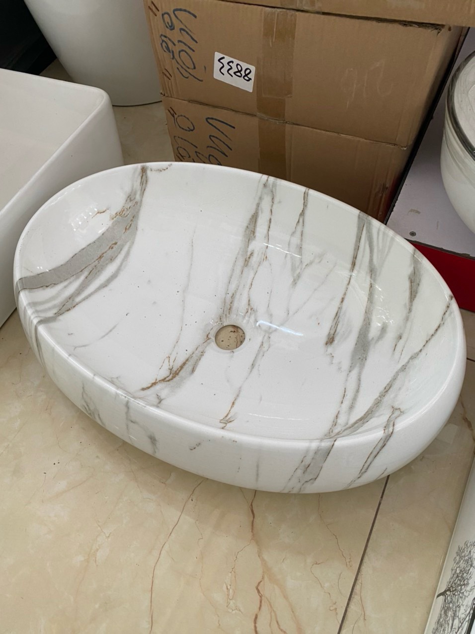 Chậu lavabo rửa mặt bầu dục vân khói