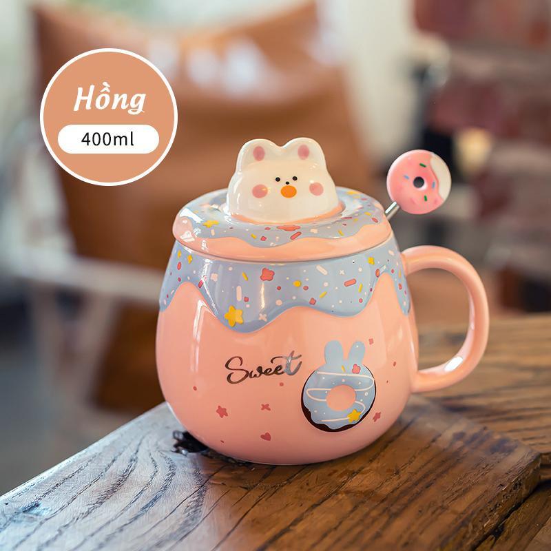 Cốc Sứ Donut Hoạt Hình Thỏ Dễ Thương Có Nắp 3D Và Thìa Khuấy Cute 400ml - Quà Tặng Trẻ Em Bạn Gái