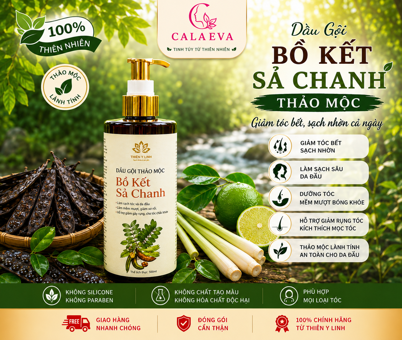 Dầu Gội Bồ Kết Sả Chanh thảo mộc giảm tóc bết, sạch nhờn cả ngày.