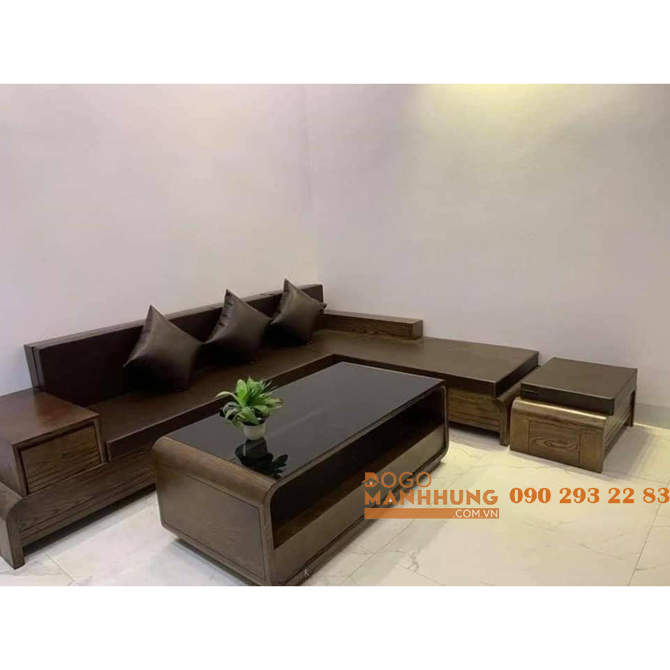 Bộ bàn ghế sofa phòng khách góc gỗ sồi góc L màu óc chó kèm nệm