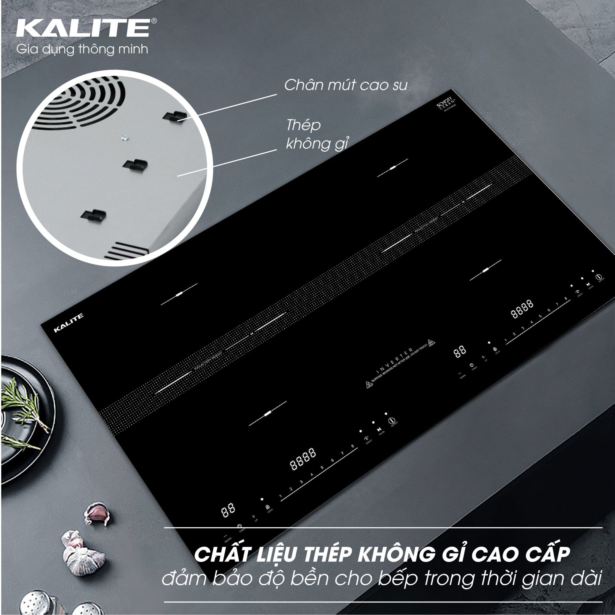 Bếp từ đôi Kalite KL 3900, công suất 4400W, mặt kính Schott Seran chuẩn Đức, công nghệ inverter tiết kiệm điện, thân làm bằng thép không gỉ, nhập khẩu Thái Lan, hàng chính hãng