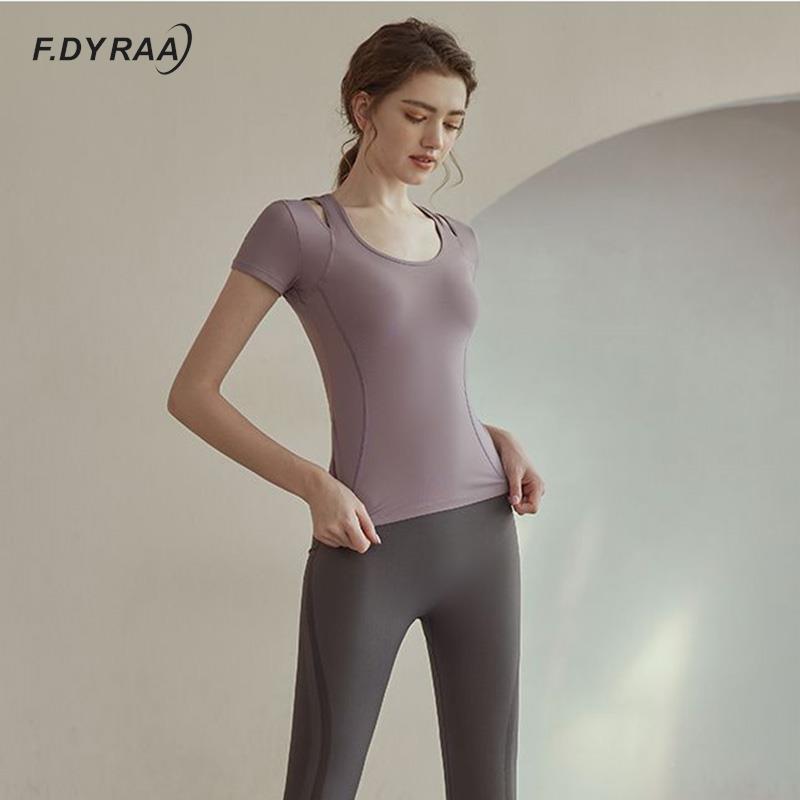 Phụ Nữ Mùa Hè Tập Yoga Cao Cấp Khoét Hở Thể Thao Tay Ngắn Chạy Bộ Tập Thể Hình Áo Thun Tập Gym Quần Áo Thoáng Khí Chặt Thun Áo Color: Blue Size: M