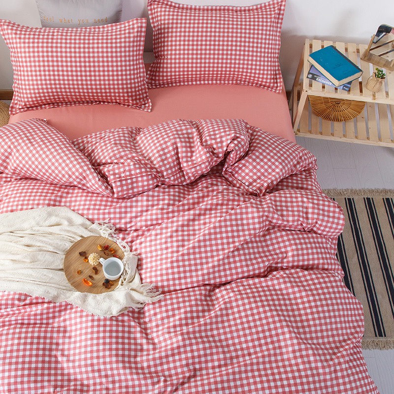 Bộ chăn ga gối cotton LIDACO PL1 - Caro Cam - TẶNG VỎ GỐI ÔM