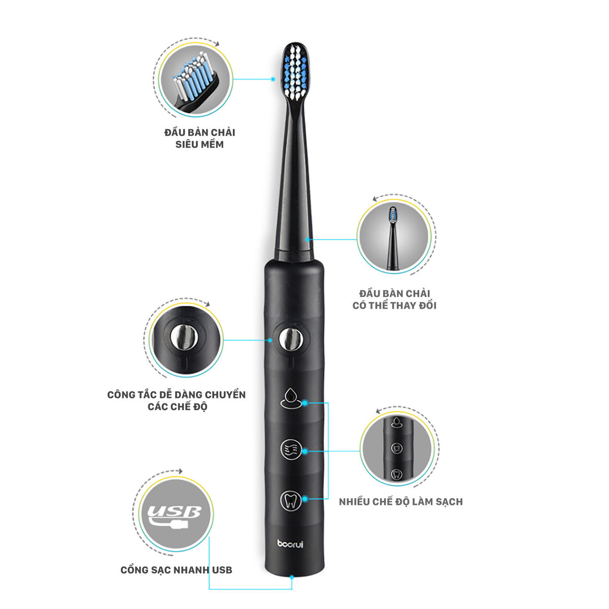 Bàn Chải Điện BOORUI Primus Z2 3 Chế Độ , Bàn Chải Đánh Răng Tặng Kèm 3 Đầu Bản Chải - Hàng Chính Hãng , Chống Nước IPX7 , Sạc nhanh USB