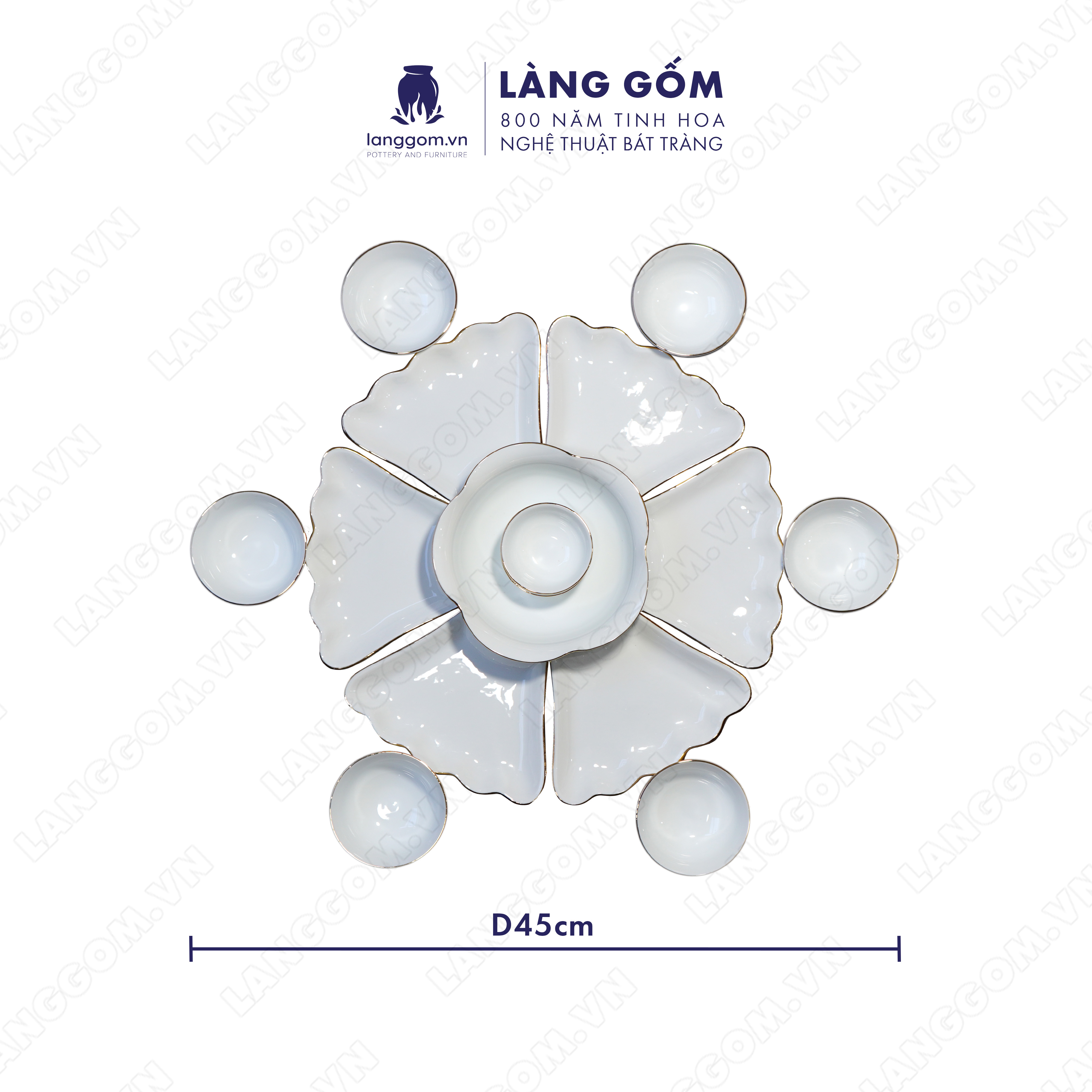 Bộ bàn ăn mặt trời Men trắng vẽ chỉ vàng - Size: 45 cm - Gốm sứ Bát Tràng - langgom.vn